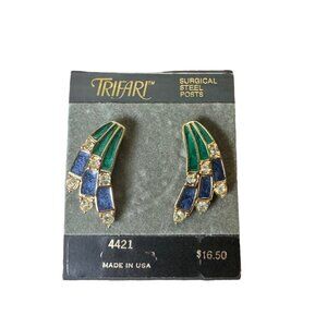 Vintage Trifari Earrings Surgical Steel Posts Blue & Green Enamel 4421
